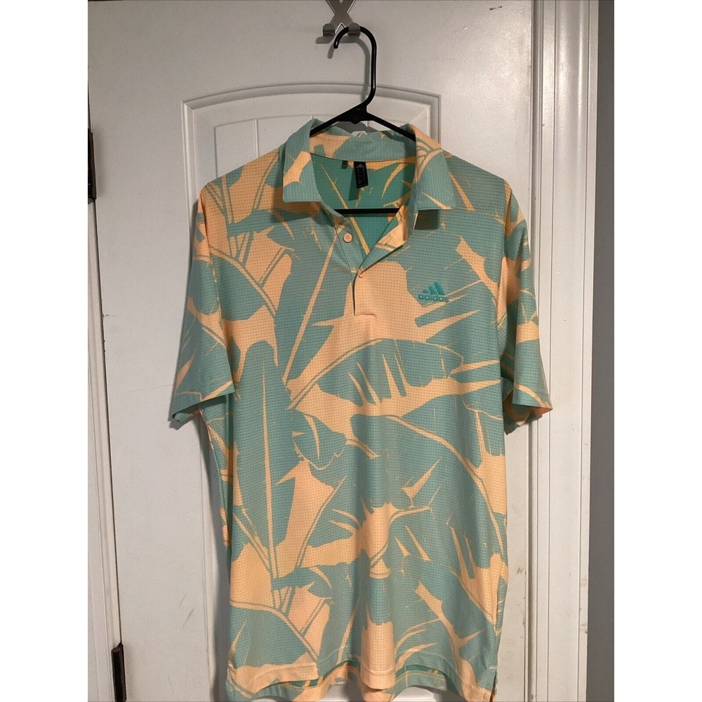 Adidas Palm Leaf Mesh Polo Shirt Men's Size Medium Teal Orange